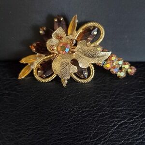D & E Juliana Gold Tone AB‎ Clear & Citrine Rhinestone Brooch DeLizza & Elster